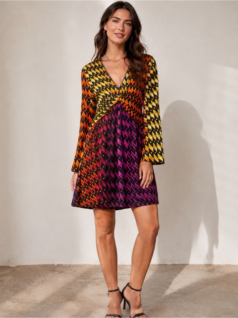 Zara Multicolor Printed Long-Sleeve Twist Dress - Yellow/Orange/Purple
